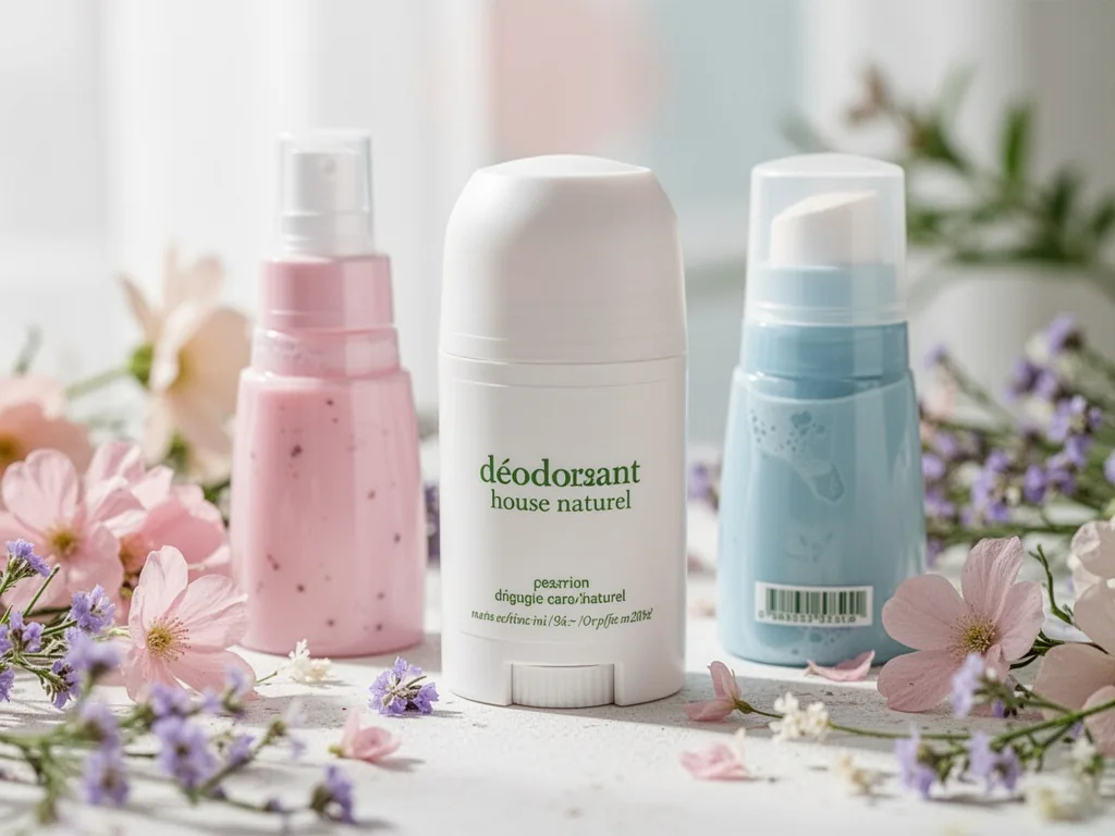 Ingrédients pour fabriquer un déodorant maison naturel : bicarbonate, huile de coco, fécule, huiles essentielles, sur un plan de travail en bois.