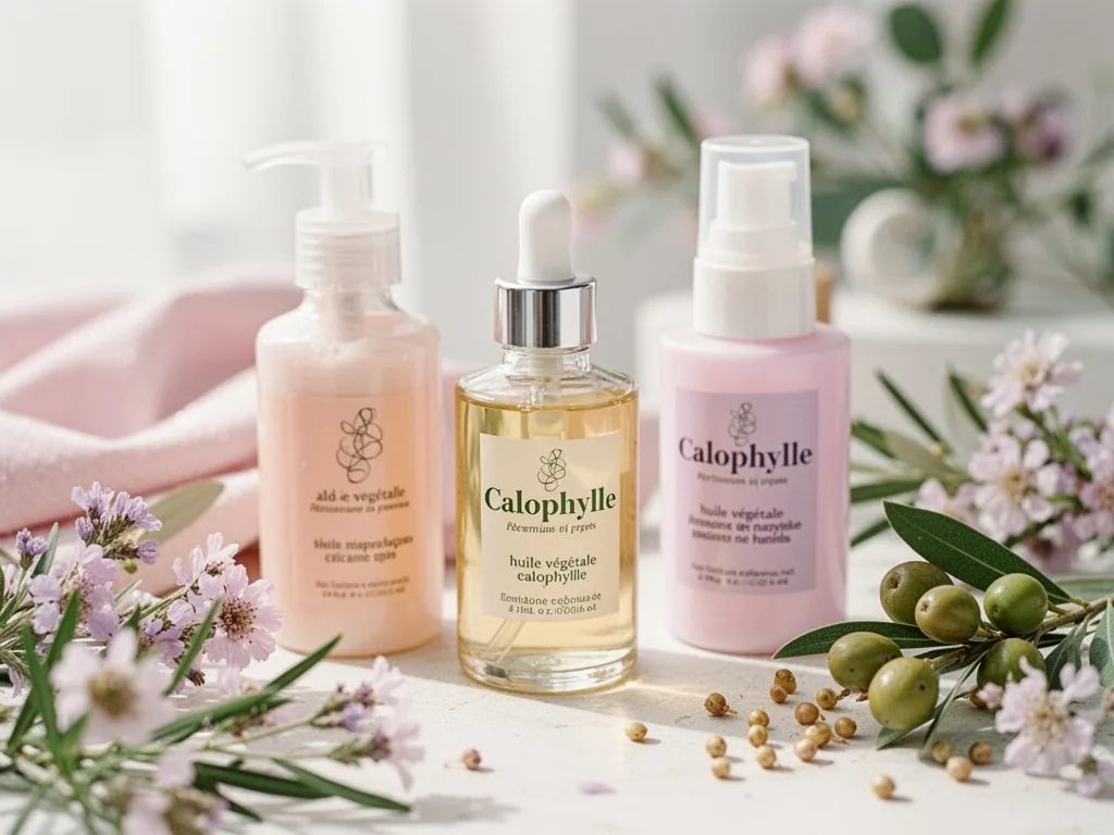 Flacon d'huile végétale de calophylle entouré de feuilles et de graines de tamanu, sur fond clair