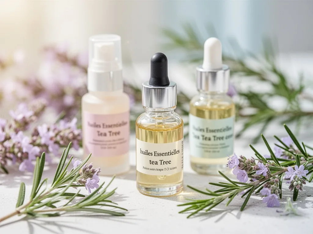 Flacon d'huile essentielle de tea tree posé sur un plan en bois clair, entouré de quelques feuilles d'arbre à thé séchées et d'un brin de lavande.